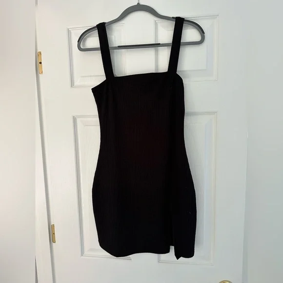 ribbed knit dress with buttons Black Rib Knit Button Down Mini Dress